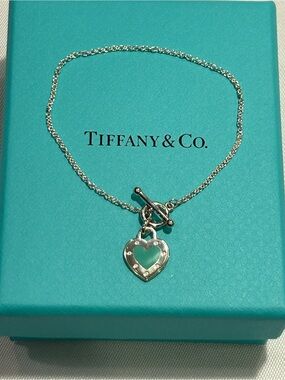 NEW Tiffany & Co. Silver and Blue Enamel Heart Toggle Bracelet - Blue Box